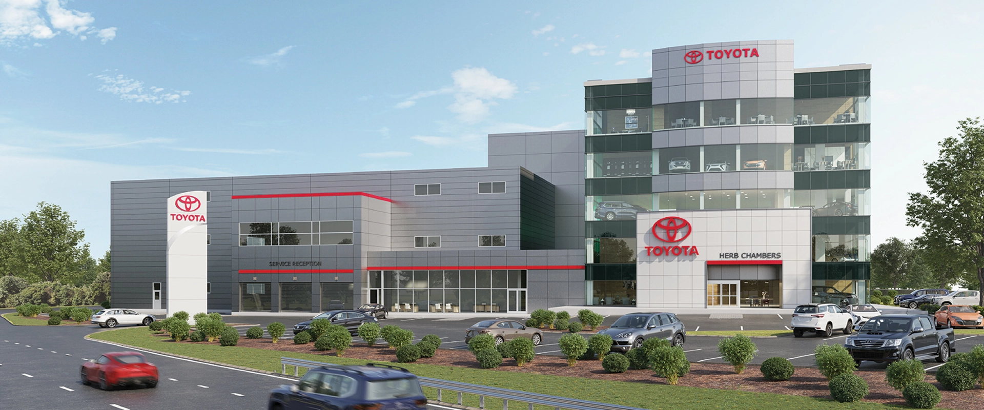 Conversion of iconic Century Bank 5-story building to Herb Chambers Toyota of Medford with new service center addition